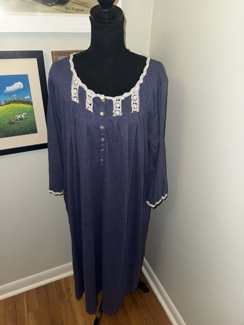 Eileen West Blue Nightgown L Cottagecore Lace Knit Long Ballet Gown Pockets